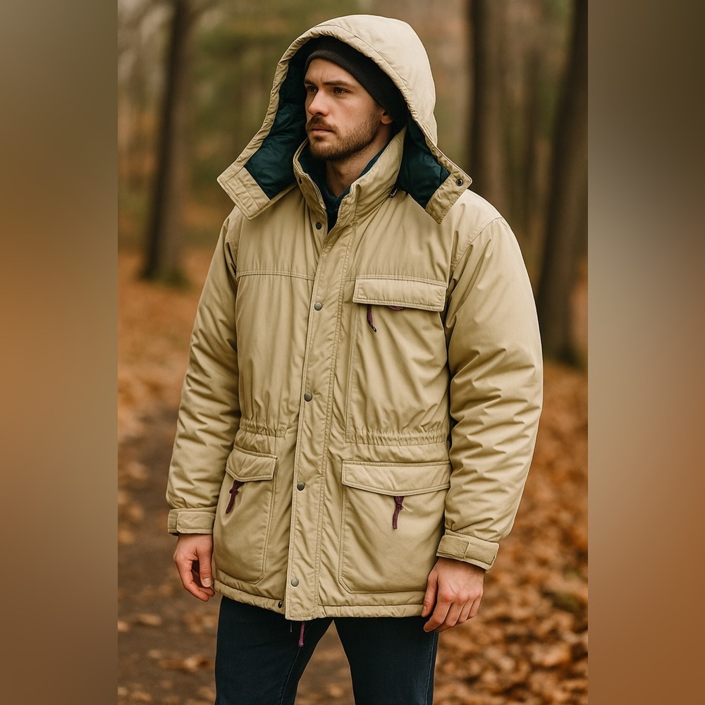 Vintage EMS Goose Down Parka XXL Hooded Beige Green Y2K Ski Winter Outerwear - Picture 2 of 16